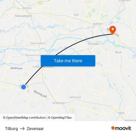 Tilburg to Zevenaar map