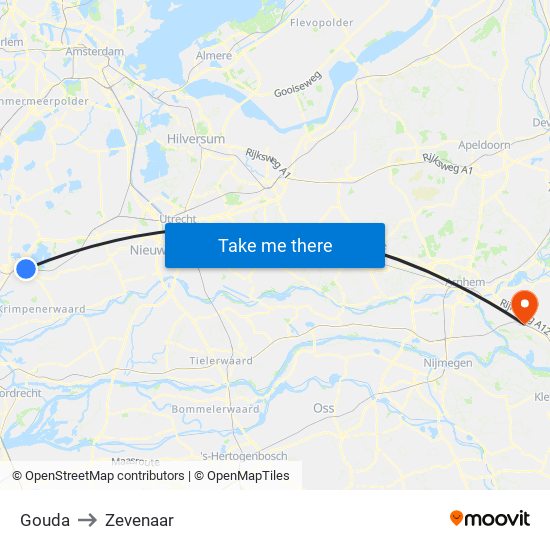 Gouda to Zevenaar map