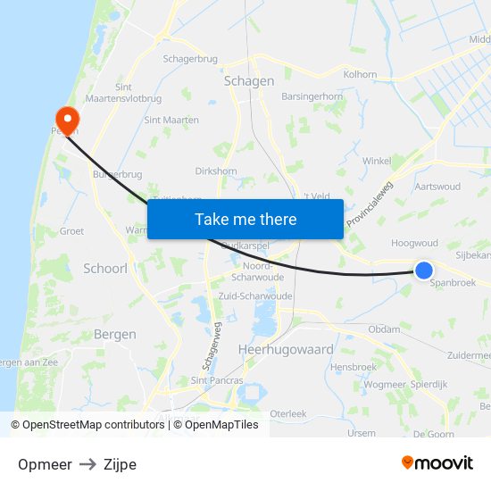 Opmeer to Zijpe map