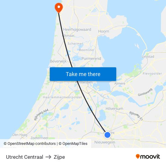 Utrecht Centraal to Zijpe map