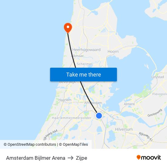 Amsterdam Bijlmer Arena to Zijpe map