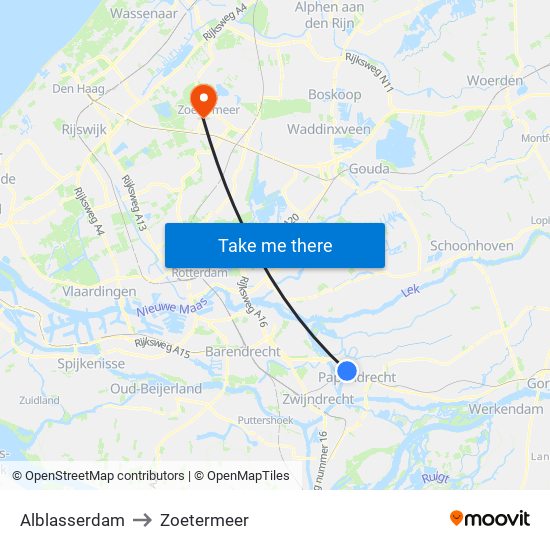 Alblasserdam to Zoetermeer map