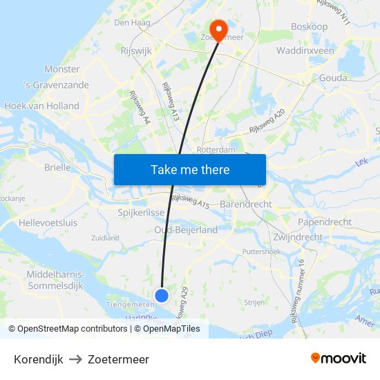 Korendijk to Zoetermeer map