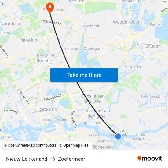 Nieuw-Lekkerland to Zoetermeer map