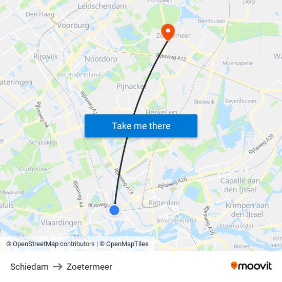Schiedam to Zoetermeer map