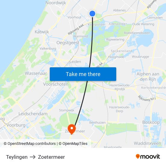 Teylingen to Zoetermeer map