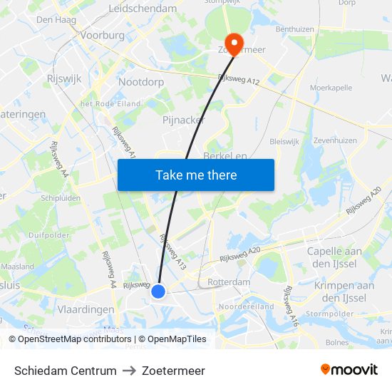 Schiedam Centrum to Zoetermeer map