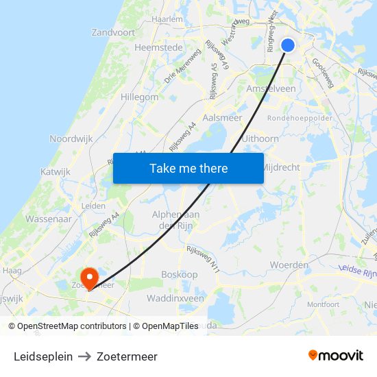 Leidseplein to Zoetermeer map