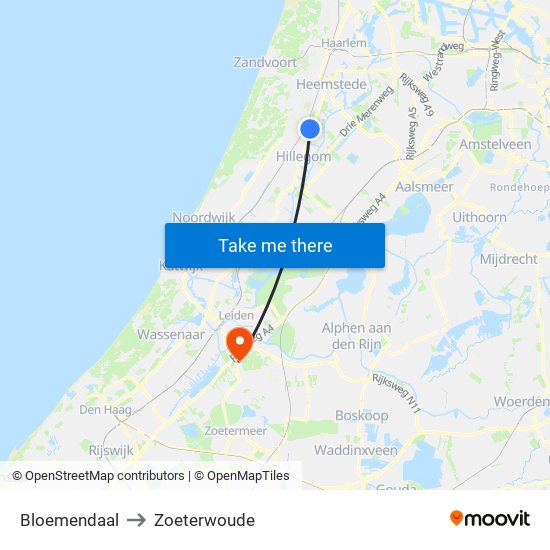 Bloemendaal to Zoeterwoude map