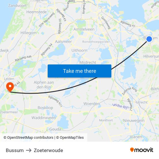 Bussum to Zoeterwoude map