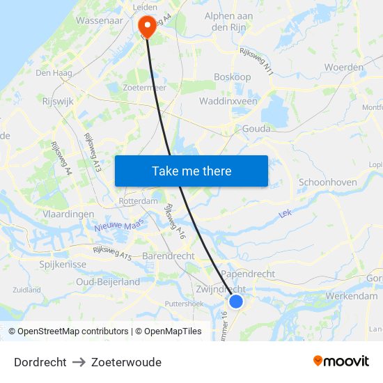 Dordrecht to Zoeterwoude map