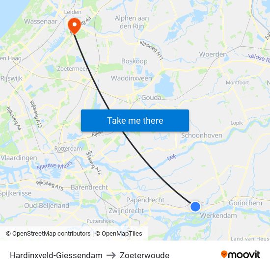 Hardinxveld-Giessendam to Zoeterwoude map