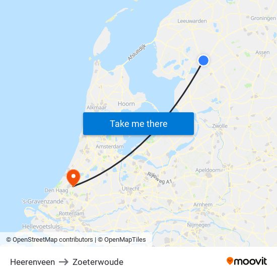 Heerenveen to Zoeterwoude map