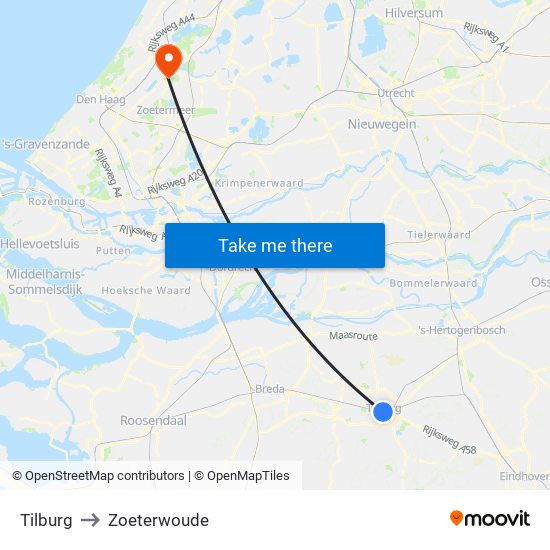 Tilburg to Zoeterwoude map