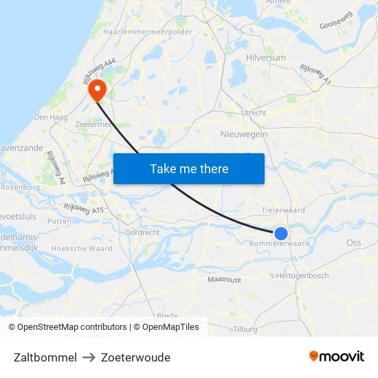 Zaltbommel to Zoeterwoude map