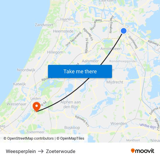 Weesperplein to Zoeterwoude map