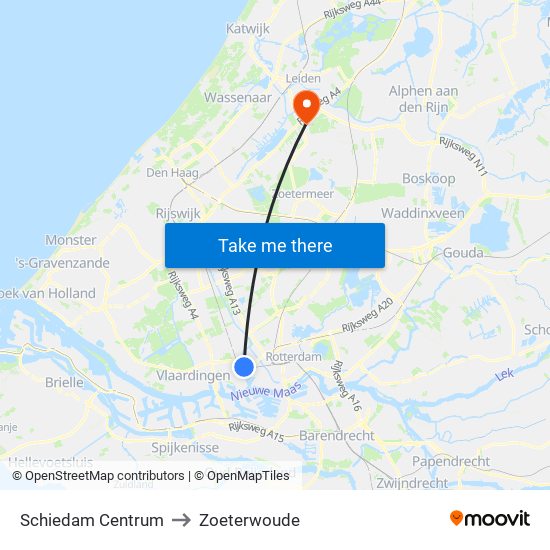 Schiedam Centrum to Zoeterwoude map