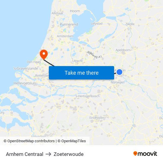 Arnhem Centraal to Zoeterwoude map