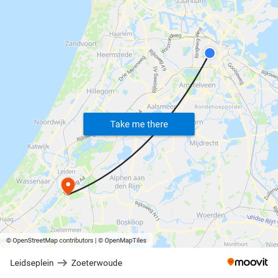 Leidseplein to Zoeterwoude map