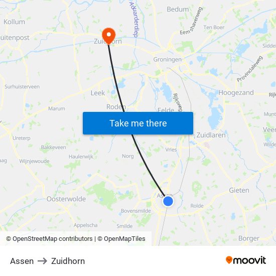 Assen to Zuidhorn map