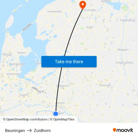 Beuningen to Zuidhorn map