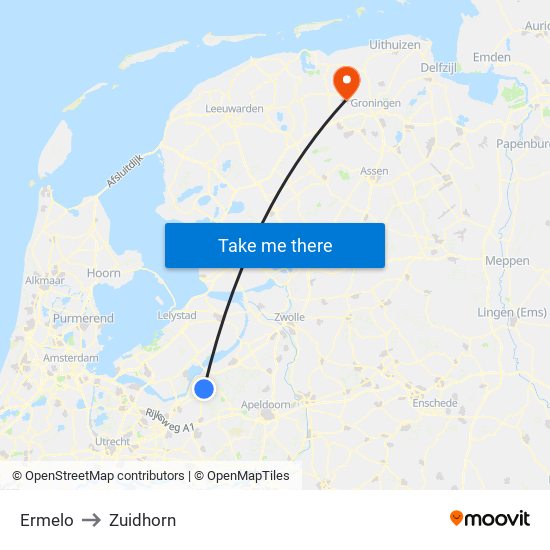 Ermelo to Zuidhorn map
