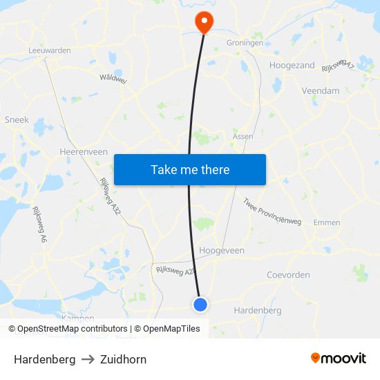 Hardenberg to Zuidhorn map