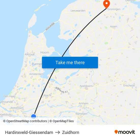 Hardinxveld-Giessendam to Zuidhorn map