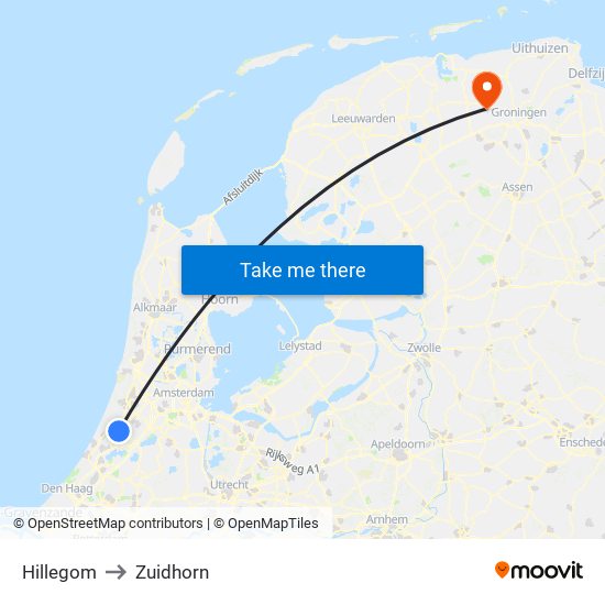 Hillegom to Zuidhorn map
