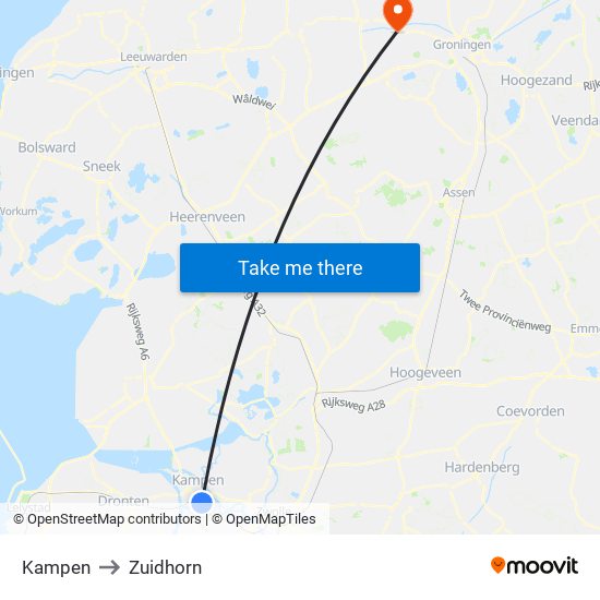 Kampen to Zuidhorn map