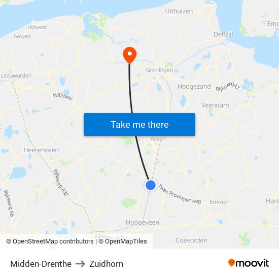 Midden-Drenthe to Zuidhorn map