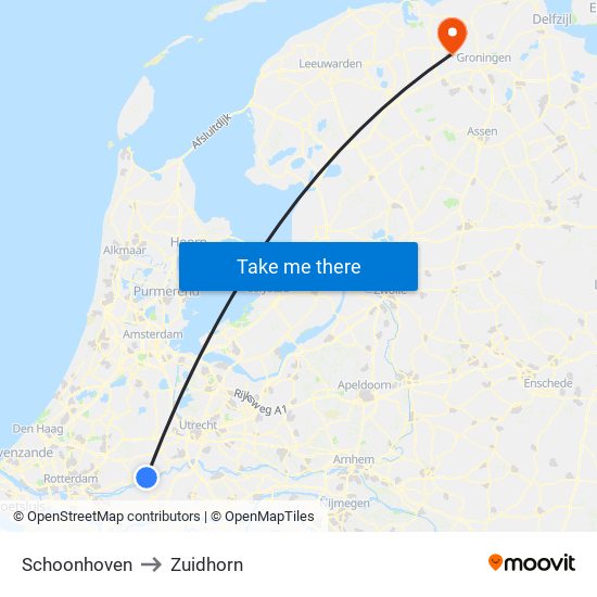 Schoonhoven to Zuidhorn map