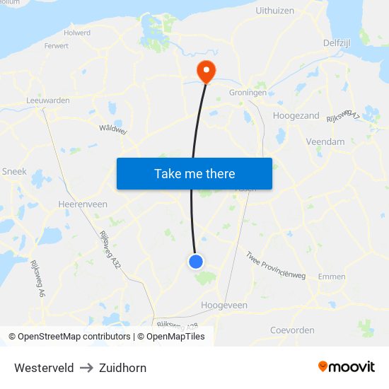 Westerveld to Zuidhorn map