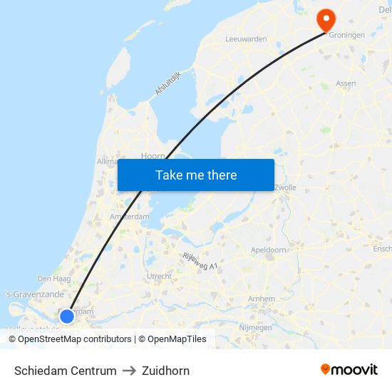 Schiedam Centrum to Zuidhorn map