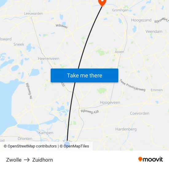 Zwolle to Zuidhorn map