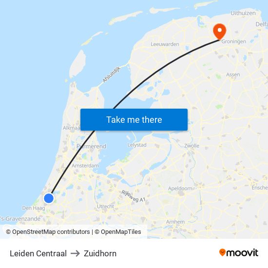 Leiden Centraal to Zuidhorn map