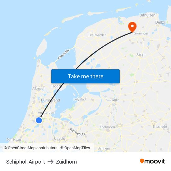 Schiphol, Airport to Zuidhorn map