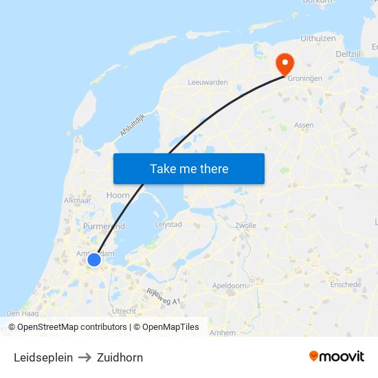 Leidseplein to Zuidhorn map