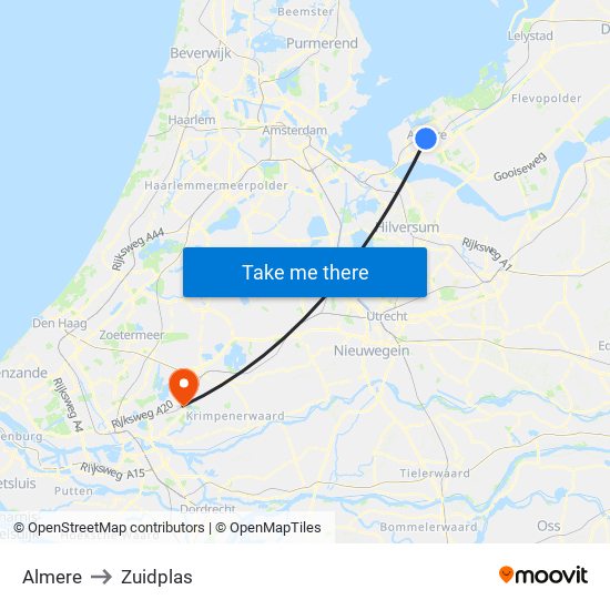 Almere to Zuidplas map