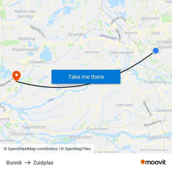 Bunnik to Zuidplas map