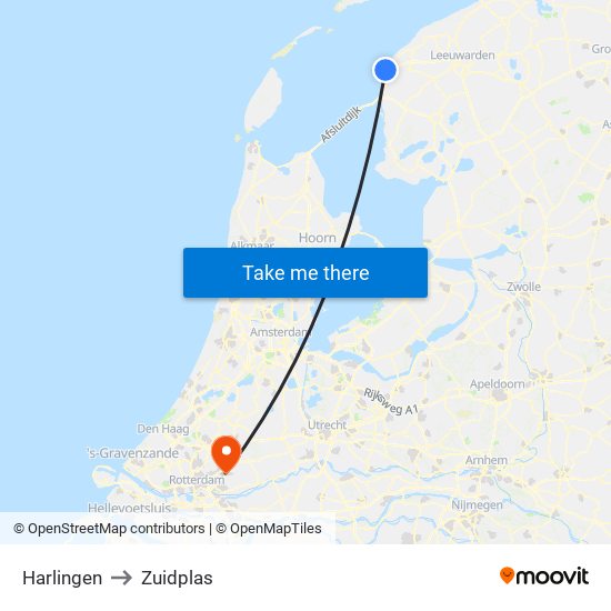 Harlingen to Zuidplas map