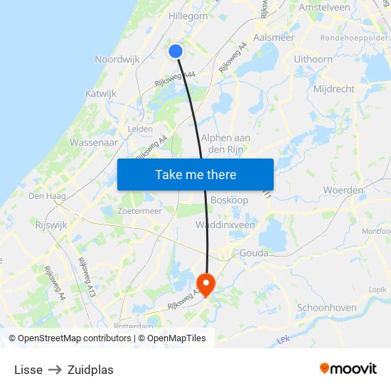 Lisse to Zuidplas map