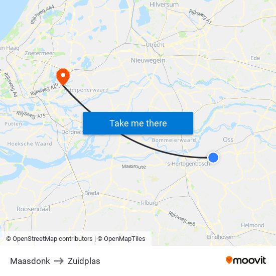 Maasdonk to Zuidplas map