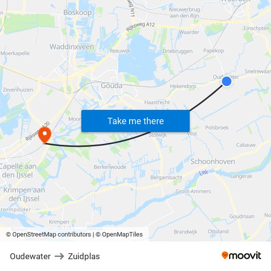 Oudewater to Zuidplas map