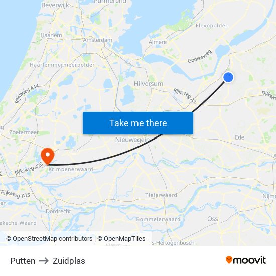 Putten to Zuidplas map