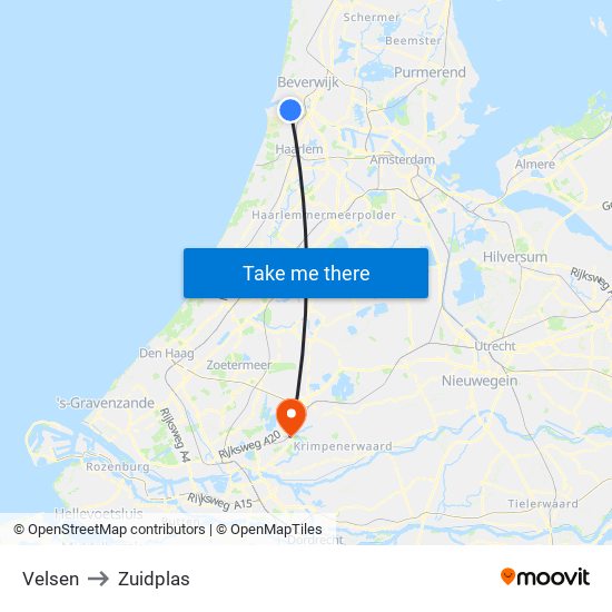 Velsen to Zuidplas map