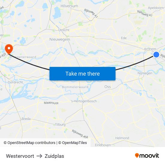 Westervoort to Zuidplas map