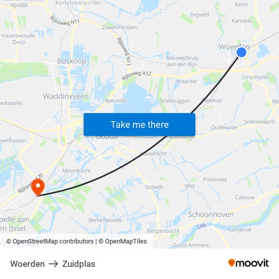 Woerden to Zuidplas map