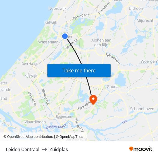 Leiden Centraal to Zuidplas map
