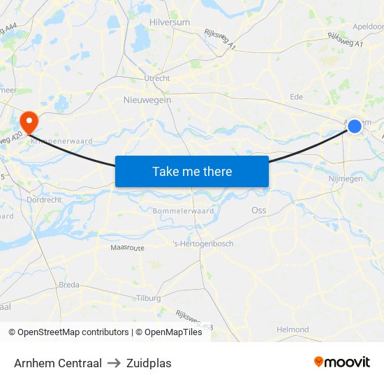 Arnhem Centraal to Zuidplas map